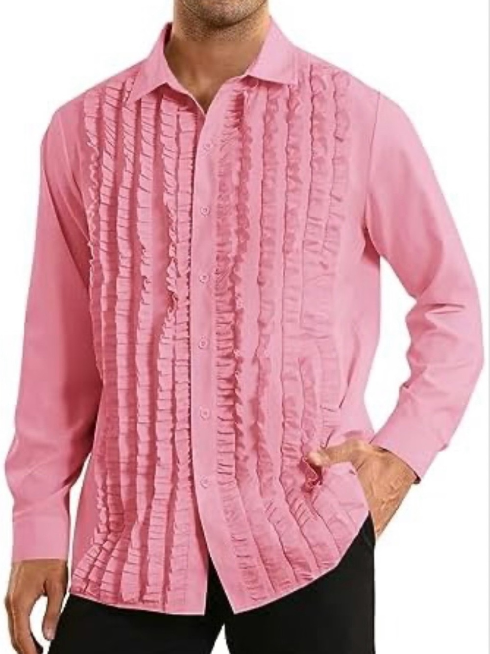 Men's Pink Ruffled Dress Shirt Stylish Formal Layer 80s